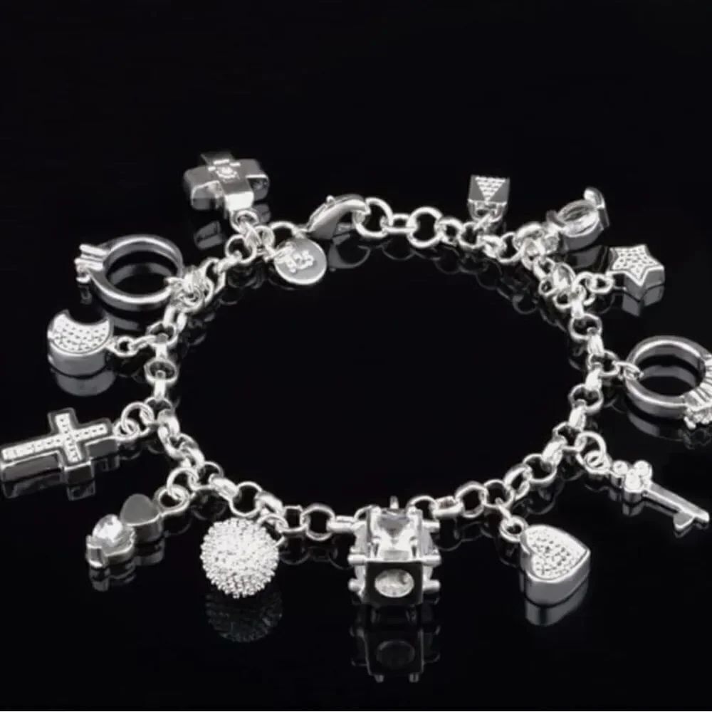 Silver played  Charm Bracelet with Keys Hearts and Beads